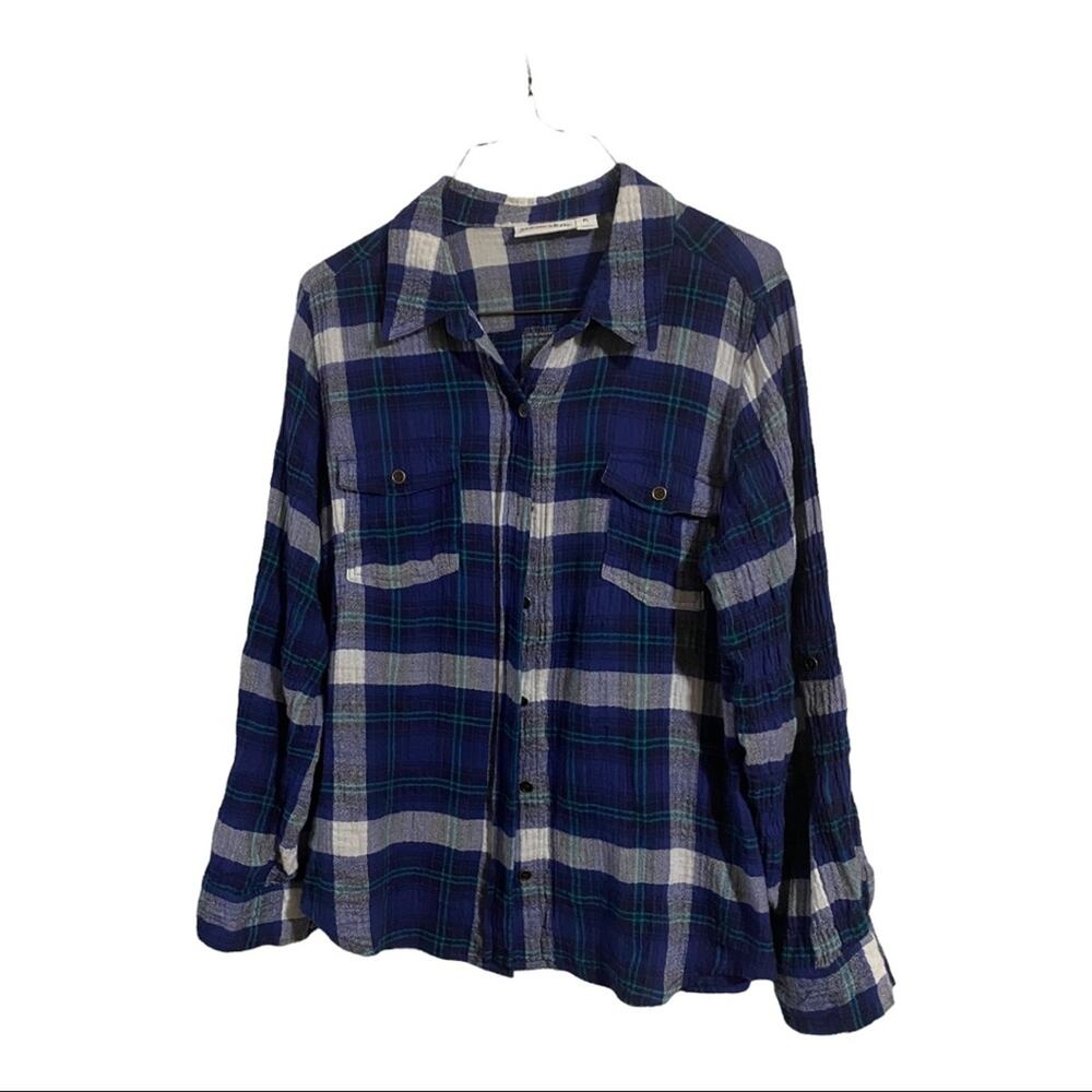 St John's Bay Women's Button Up XL Shirt Plaid Blues Roll Sleeves Cowboy Chic
